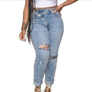 Brand new pair of high waisted criss cross button jeans